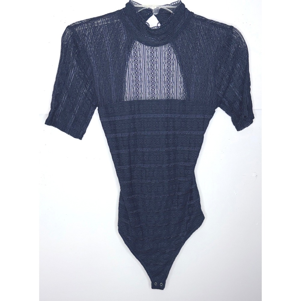 Abercrombie & Fitch Bodysuit Sheer Sz S Navy Lace Open Back Mock Neck Whimsigoth